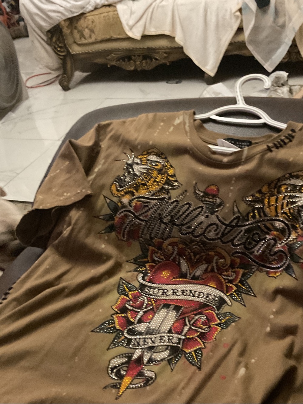 Affliction Brown Short-Sleeve Tee with Red & Gold Tattoo Graphic